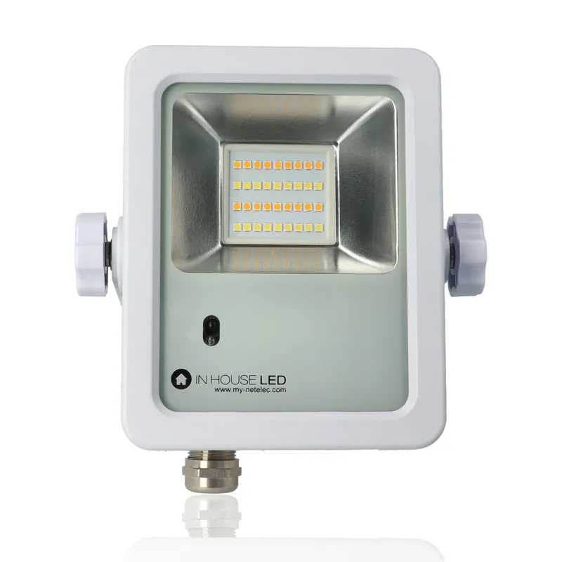 Proiettore LED con rilevatore di presenza, 15W, 220Vac, con regolazione temperatura luce (Calda - Naturale - Fredda), Bianco