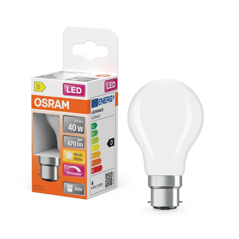 OSRAM Lampada LED Retrofit CLASSIC P DIM 4.8W 827 Opalino B22d, 470 lm, 2700 K, Bianco caldo
