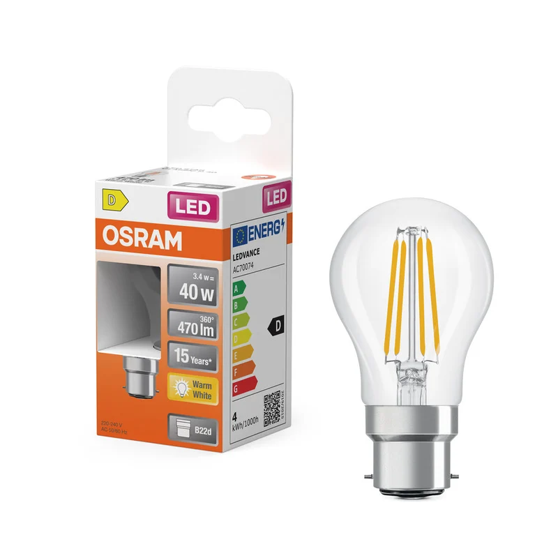 OSRAM Lampada LED Retrofit CLASSIC P 4W 827 Chiara B22d, 470 lm, 2700 K, Bianco caldo