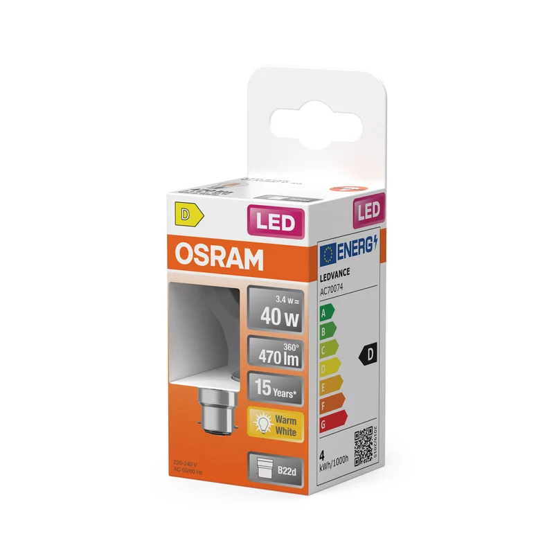 OSRAM Lampada LED Retrofit CLASSIC P 4W 827 Chiara B22d, 470 lm, 2700 K, Bianco caldo
