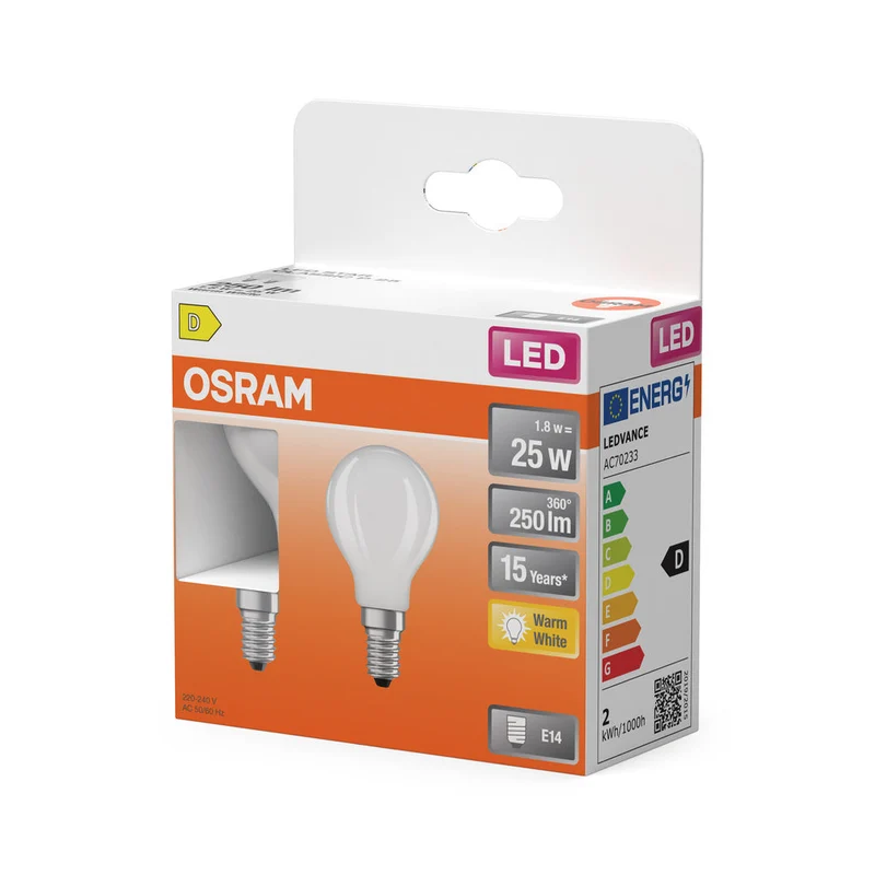 Lampadine LED OSRAM, forma classica miniball, sostituzione 25 Watt, E14, forma P, 2700 Kelvin, bianco caldo, vetro trasparente, confezione da 2 pezzi