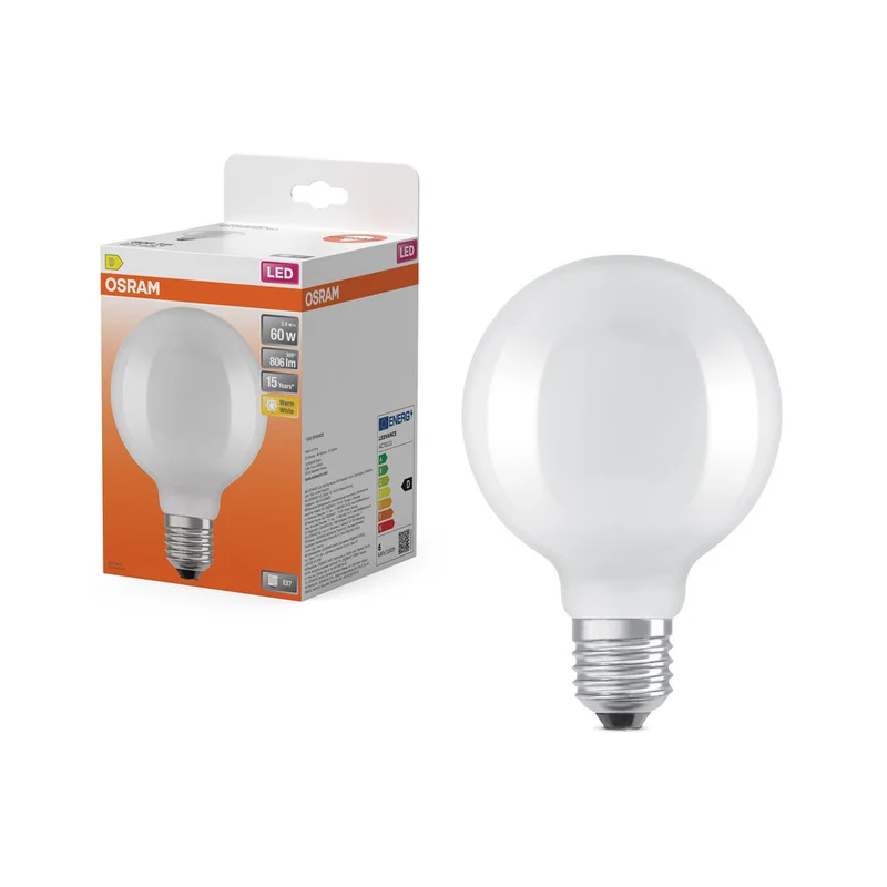 OSRAM Lampada LED Retrofit CLASSIC GLOBE95 6.5W 827 Opalina E27, 806 lm, 2700 K, Bianco caldo