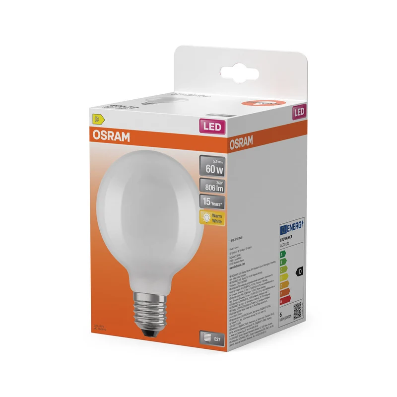 OSRAM Lampada LED Retrofit CLASSIC GLOBE95 6.5W 827 Opalina E27, 806 lm, 2700 K, Bianco caldo