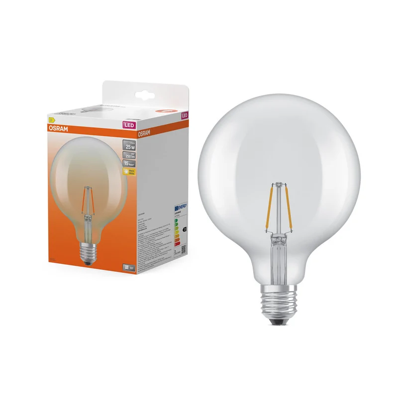 Lampadine LED OSRAM, forma classica a globo, sostituzione 25 Watt, E27, G125, 2700 Kelvin, bianco caldo, vetro trasparente, confezione singola