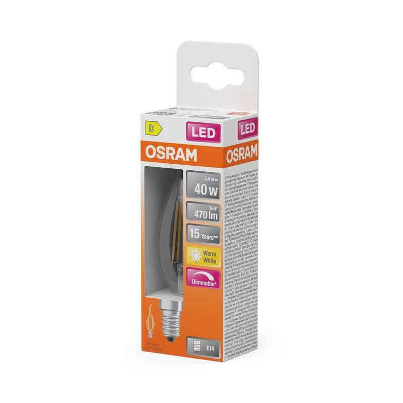 OSRAM Lampada LED Retrofit CLASSIC BA DIM 4W 827 Chiaro E14, 470 lm, 2700 K, Bianco caldo