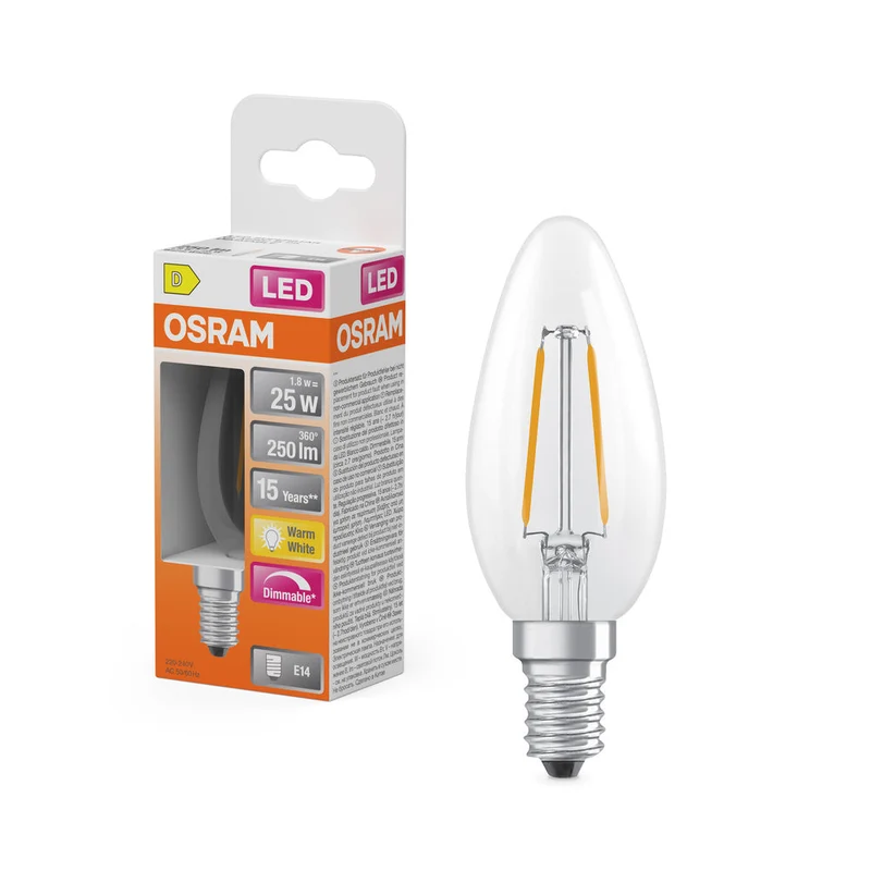 OSRAM Lampada LED Retrofit CLASSIC B DIM 2.8W 827 Chiaro E14, 250 lm, 2700 K, Bianco caldo