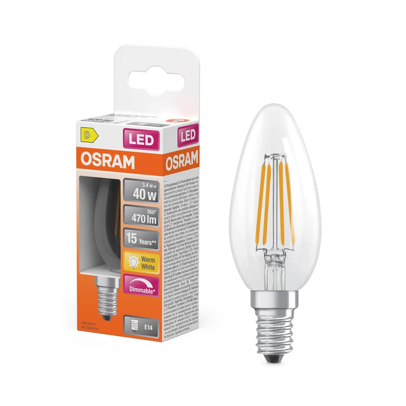 OSRAM Retrofit Classic B LED Lampadina a candela dimmerabile (ex 40W) 5W / 2700K Bianco caldo, E14
