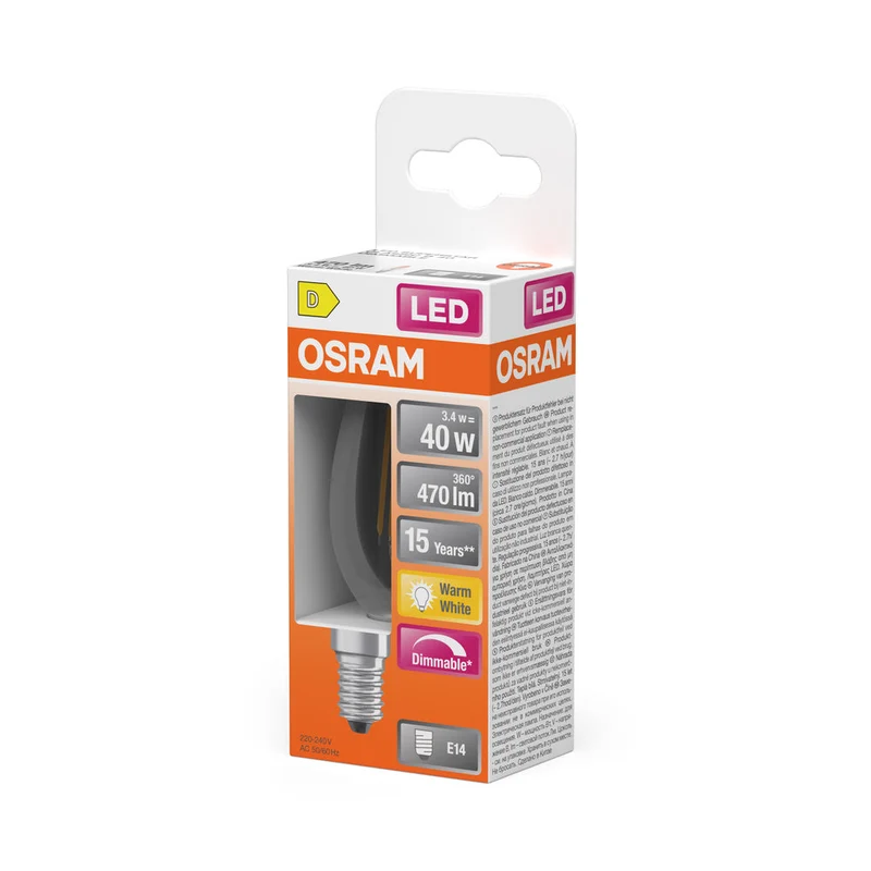 OSRAM Retrofit Classic B LED Lampadina a candela dimmerabile (ex 40W) 5W / 2700K Bianco caldo, E14