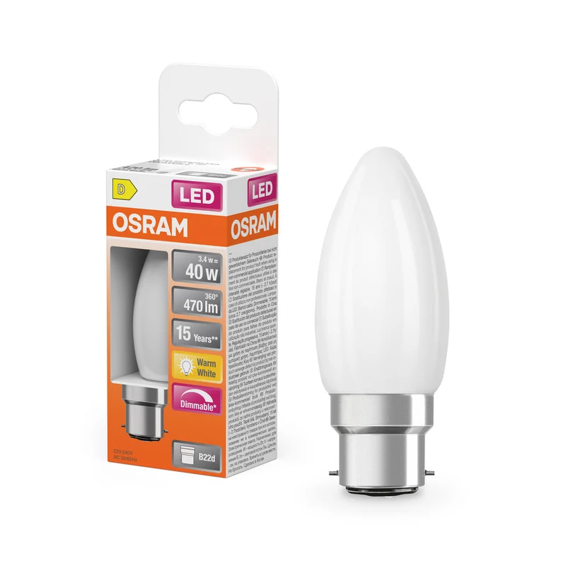 OSRAM Lampada LED Retrofit CLASSIC B DIM 4.8W 82 Opalino B22d, 470 lm, 2700 K, Bianco caldo
