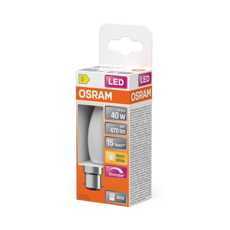 OSRAM Lampada LED Retrofit CLASSIC B DIM 4.8W 82 Opalino B22d, 470 lm, 2700 K, Bianco caldo
