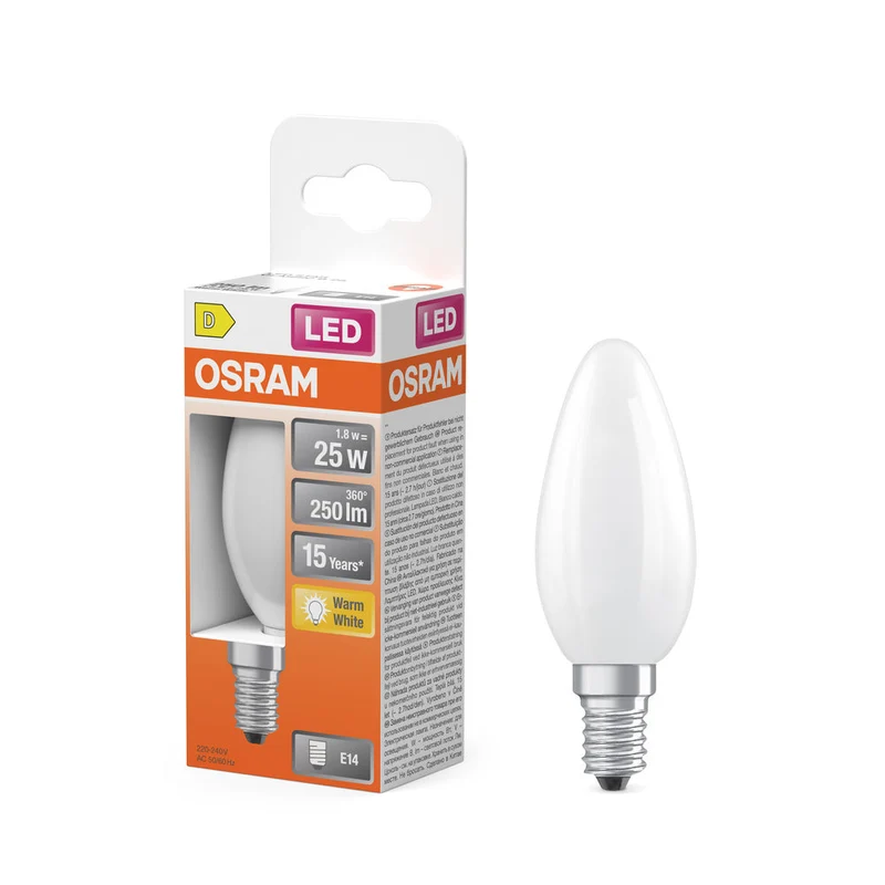 OSRAM Retrofit Classic B LED Lampada forma candela opaca (ex 25W) 2,5W / 2700K Bianco caldo E14