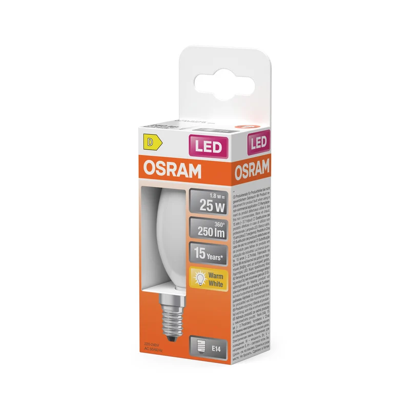 OSRAM Retrofit Classic B LED Lampada forma candela opaca (ex 25W) 2,5W / 2700K Bianco caldo E14