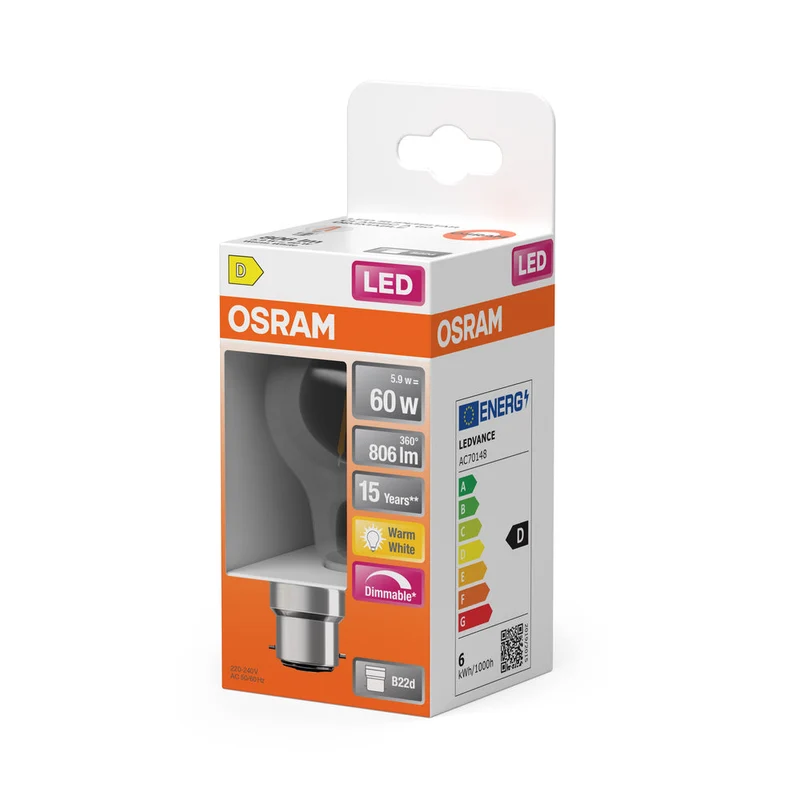 OSRAM Lampada LED Retrofit CLASSIC A DIM 7W 827 Chiara B22d, 806 lm, 2700 K, Bianco caldo