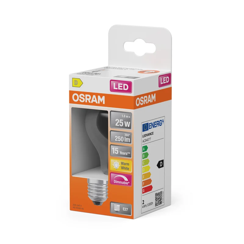 OSRAM Lampada LED Retrofit CLASSIC A DIM 2.2W 827 Chiaro E27, 250 lm, 2700 K, Bianco caldo