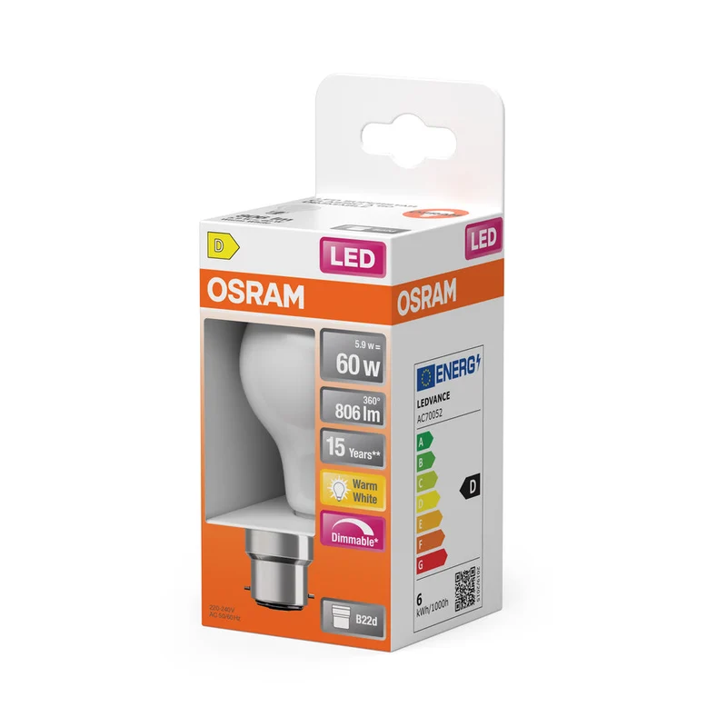 OSRAM Lampada LED Retrofit CLASSIC A DIM 7W 827 Opalino B22d, 806 lm, 2700 K, Bianco caldo