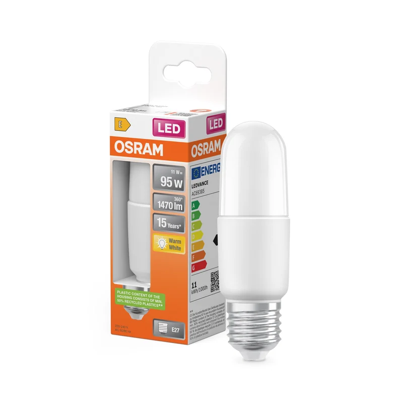 Lampada a bastone classica LED PCR 11W 827 satinata E27