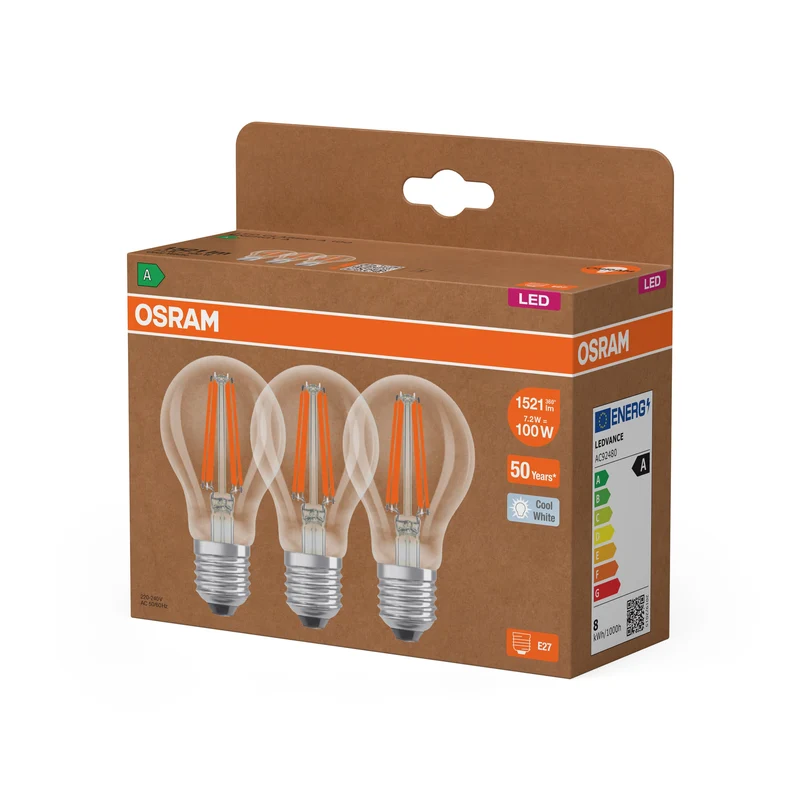 LAMPADE LED CLASSE ENERGETICA A EFFICIENZA ENERGETICA FILAMENTO CLASSICO A 7.2W 840 Trasparente E27