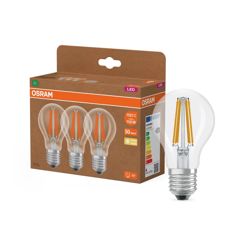 LAMPADE LED CLASSE ENERGETICA A EFFICIENZA ENERGETICA FILAMENTO CLASSICO A 7.2W 827 Trasparente E27