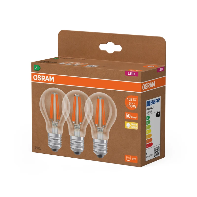 LAMPADE LED CLASSE ENERGETICA A EFFICIENZA ENERGETICA FILAMENTO CLASSICO A 7.2W 827 Trasparente E27