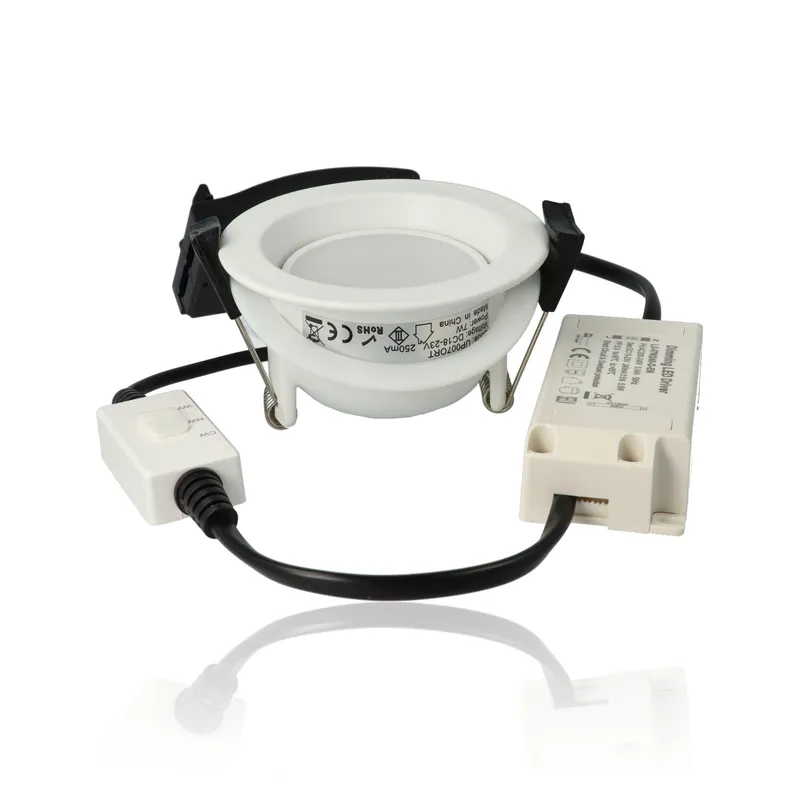 Faretto LED rotondo da incasso diam.85mm, orientabile, 7W, 220Vac, con regolazione temperatura luce (Calda - Naturale - Fredda) - Bianco