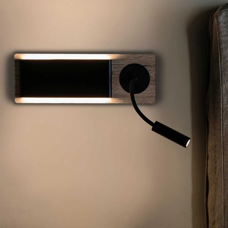 Mood - Applique murale LED avec tablette en acier et bois, style contemporain