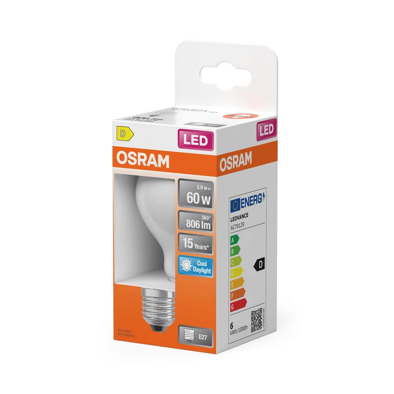 OSRAM Lampada LED Retrofit CLASSIC A 6.5W 865 Opalina E27, 806 lm, 6500 K, Luce diurna fredda