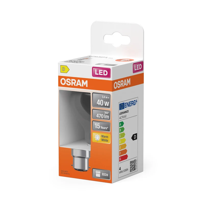 OSRAM Lampada LED Retrofit CLASSIC A 4W 827 Chiaro B22d, 470 lm, 2700 K, Bianco caldo