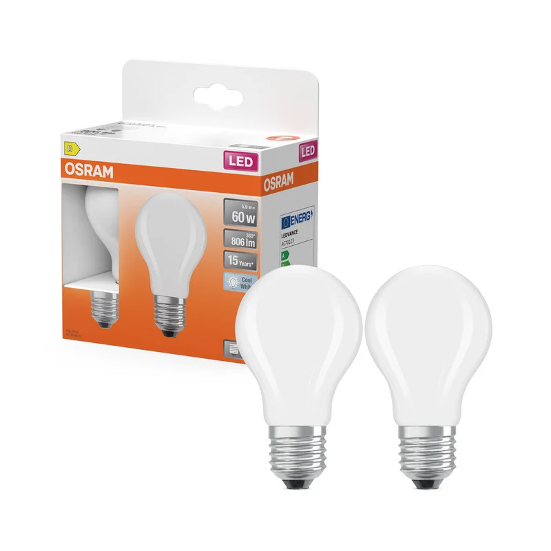 OSRAM Lampada LED Retrofit CLASSIC A 6.5W 840 Opalina E27, 806 lm, 4000 K, Bianco freddo, Confezione da 2