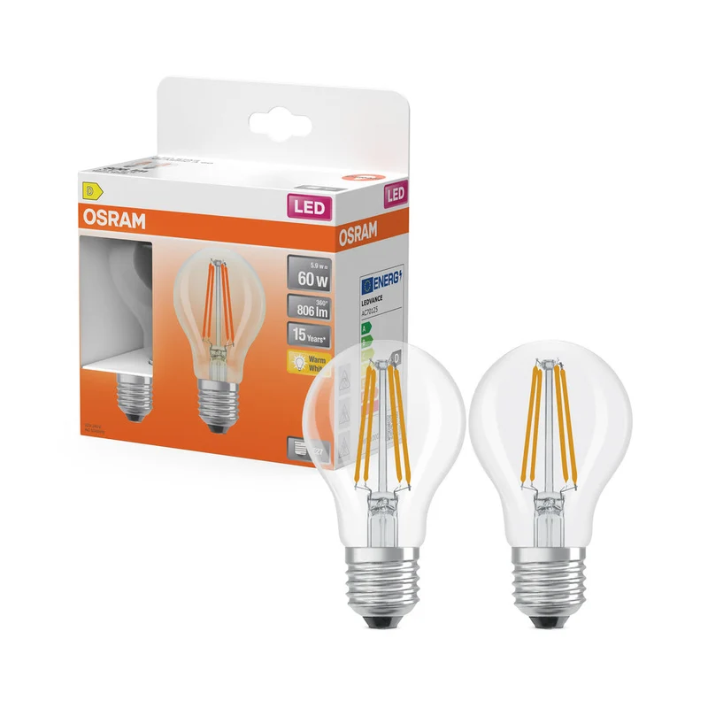 Lampadine LED OSRAM, forma classica a bulbo, sostituzione 60 Watt, E27, forma A, 2700 Kelvin, bianco caldo, vetro trasparente, confezione da 2 pezzi