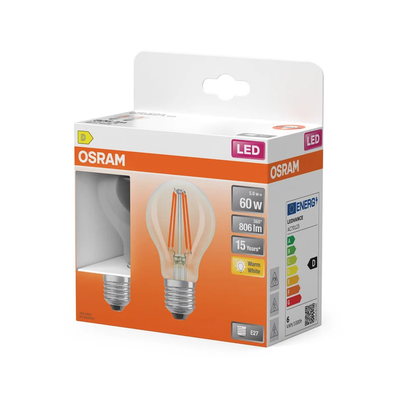 Lampadine LED OSRAM, forma classica a bulbo, sostituzione 60 Watt, E27, forma A, 2700 Kelvin, bianco caldo, vetro trasparente, confezione da 2 pezzi