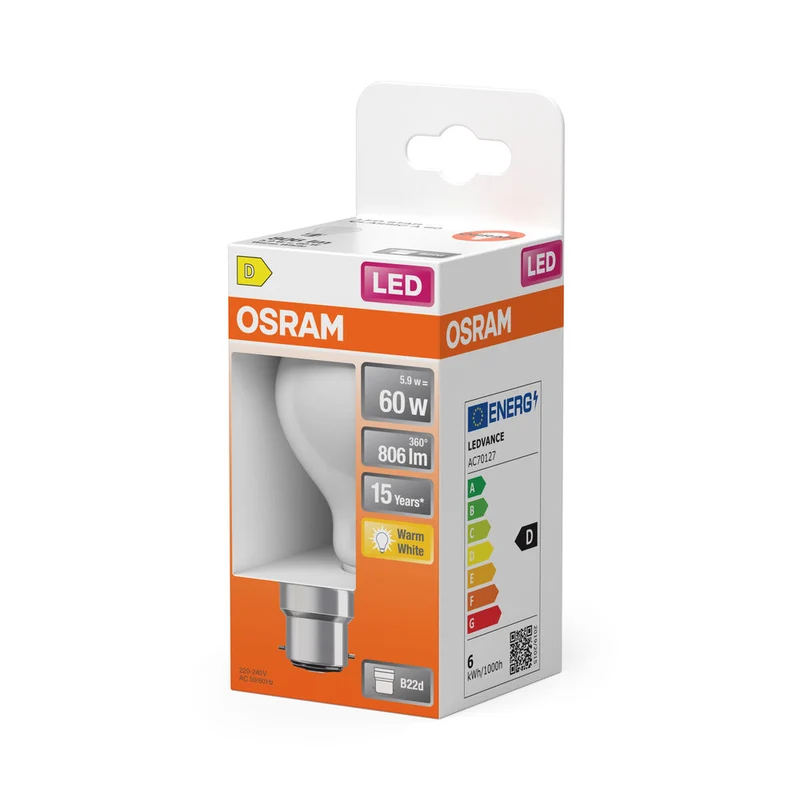 OSRAM Lampada LED Retrofit CLASSIC A 6.5W 827 Opalino B22d, 806 lm, 2700 K, Bianco caldo