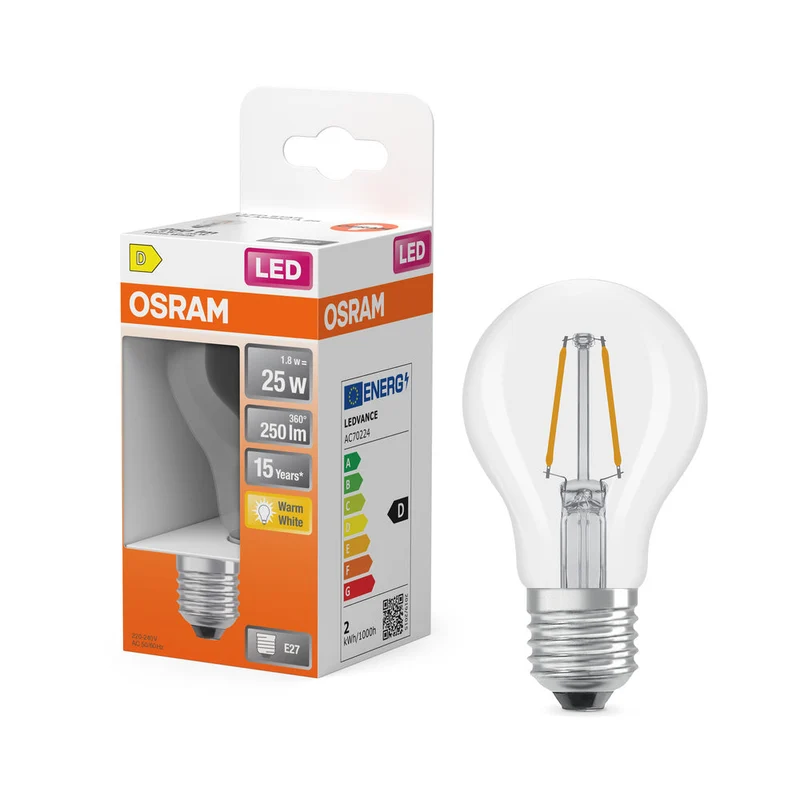 OSRAM Lampada LED Retrofit CLASSIC A 2.5W 827 Clear E27, 250 lm, 2700 K, Bianco caldo