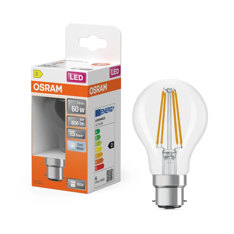 OSRAM Lampada LED Retrofit CLASSIC A 6.5W 840 Chiaro B22d, 806 lm, 4000 K, Bianco freddo