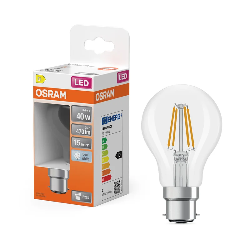 OSRAM Lampada LED Retrofit CLASSIC A 4W 840 Chiaro B22d, 470 lm, 4000 K, Bianco freddo