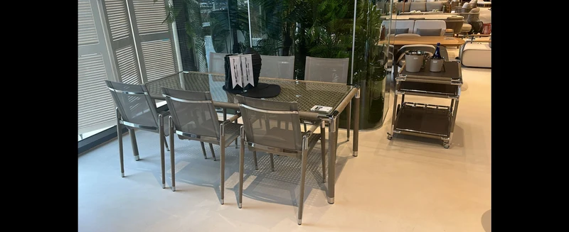 Casa Padrino Luxus Garten Essgruppe Beige 7-teilig 90 x H. 75 cm - Wetterfest und hochwertig verarbeitet - Moderne Garten Möbel - Luxus Qualität