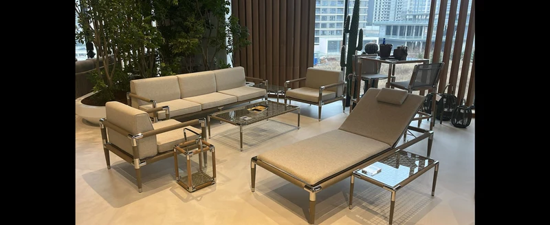 Casa Padrino Luxus Garten Lounge Set Beige 5-teilig 221.5 x 80 x H. 76 cm - Wetterfest und hochwertig verarbeitet - Moderne Garten Möbel - Luxus Qualität