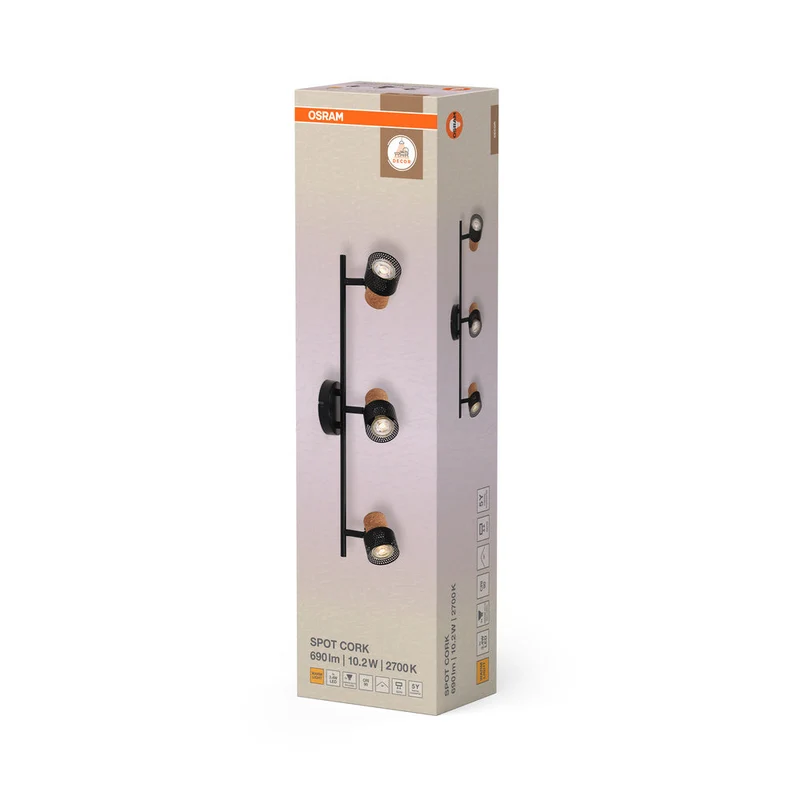 OSRAM DECOR SPOT CORK lampada da soffitto, 3 x 3,4W, 690lm, nero