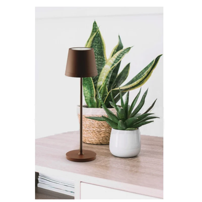 JOlight Lampada da tavolo LED a batteria ricaricabile, abajures marrone in alluminio, interruttore touch, intensità luminosa dimmerabile