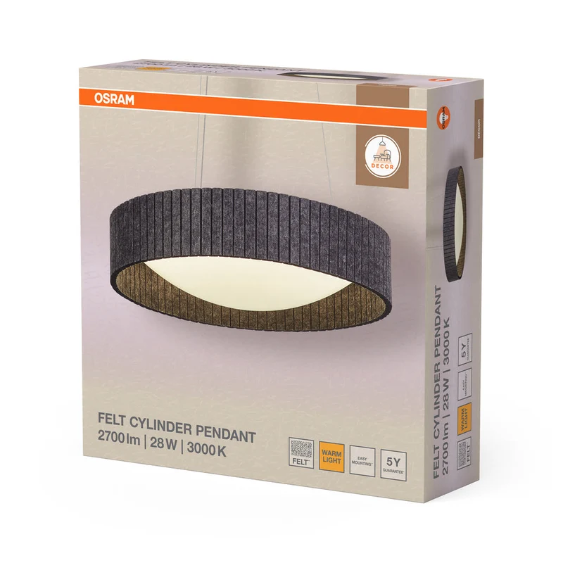 OSRAM DECOR Lampada a sospensione cilindro in feltro grigio scuro, 28W, 830mm