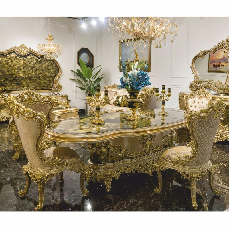 Casa Padrino Luxus Barock Esszimmer Set Grau / Grün / Gold - 1 Barock Esstisch & 6 Barock Esszimmer Stühle - Barock Esszimmer Möbel