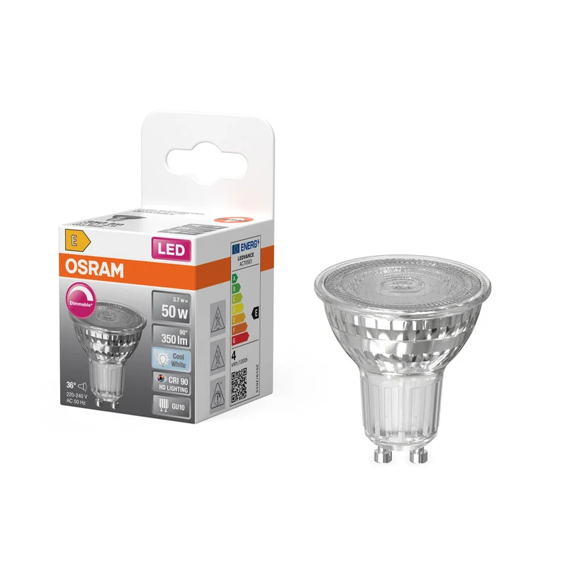 OSRAM LED SUPERSTAR PAR16 Lampadina riflettore LED dimmerabile bianco freddo (4000K), spot in vetro, 3.7W, sostituto per 50W GU10
