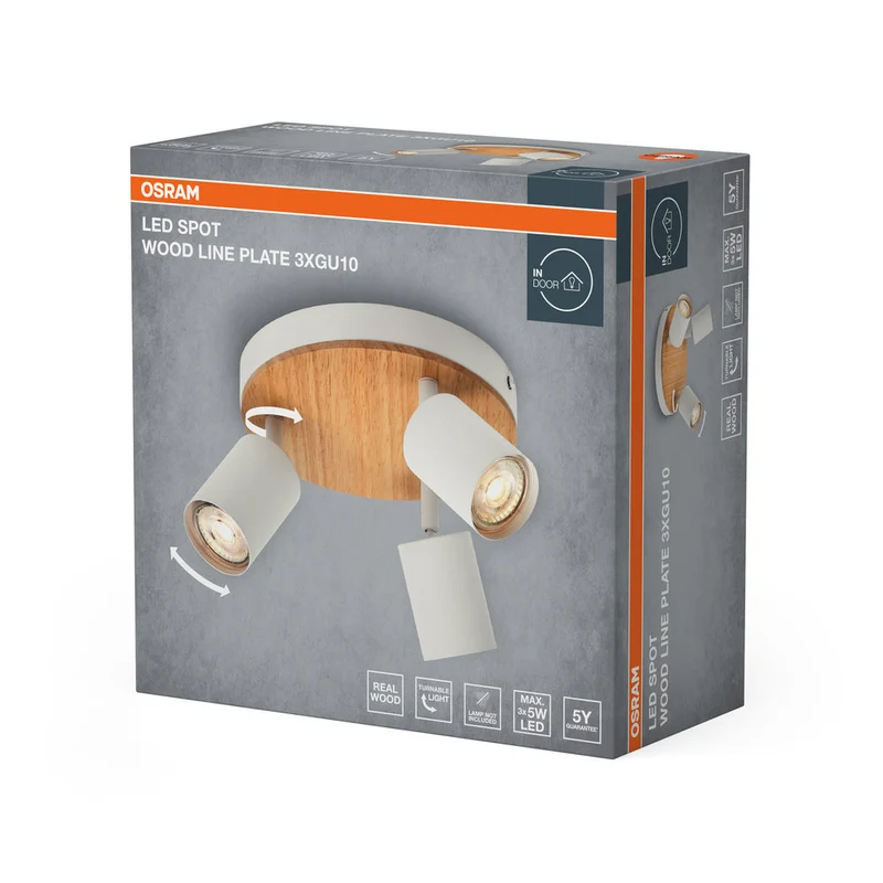 OSRAM LED Spot Wood Line Plate Lampada da soffitto 3xGU10 Bianco e decorazione legno