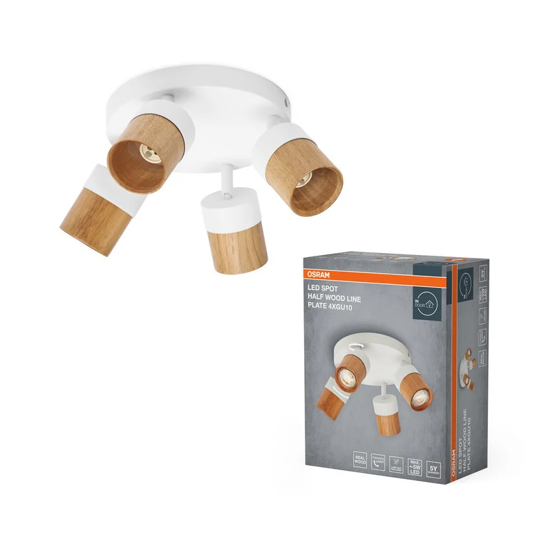 OSRAM LED Spot Half Wood Line Plate Lampada da soffitto 4xGU10 Bianco e decorazione legno