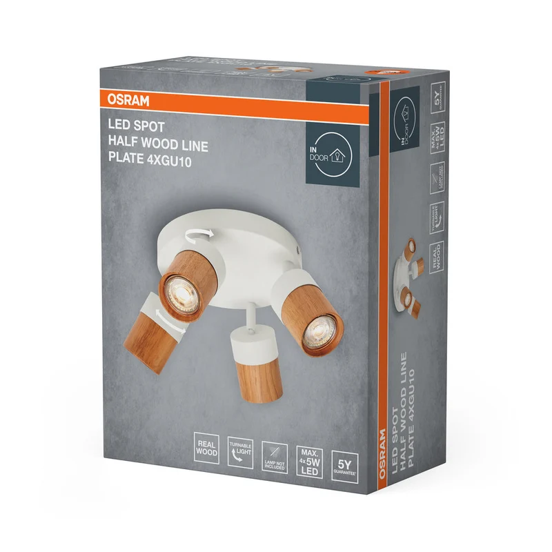OSRAM LED Spot Half Wood Line Plate Lampada da soffitto 4xGU10 Bianco e decorazione legno