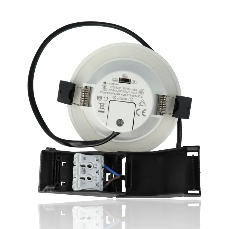 Faretto LED rotondo da incasso diam.96mm, 7W, 220Vac, con regolazione temperatura luce (Calda - Naturale - Fredda) - Dimmerabile - Bianco + cover acciaio spazzolato