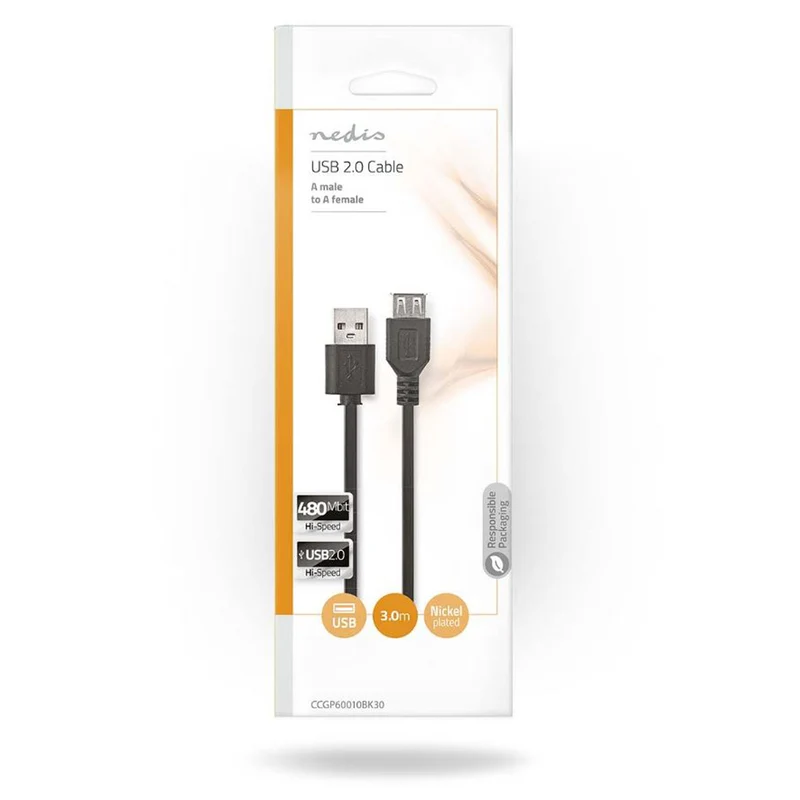 Nedis cavo USB 2.0 placcato Nickel da 480 Mbit, Usb-A maschio a Usb-A femmina, lunghezza cavo 3 m