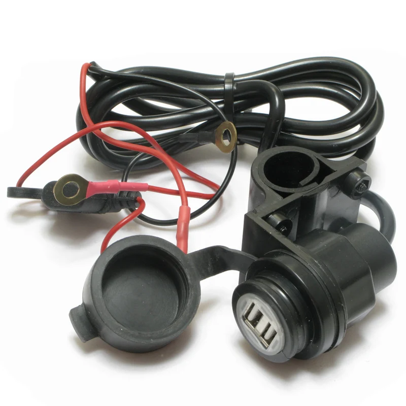 Alphaelettronica Adattatore USB con due uscite USB, ingresso 12-28V, con cavo d'ingresso per motociclette