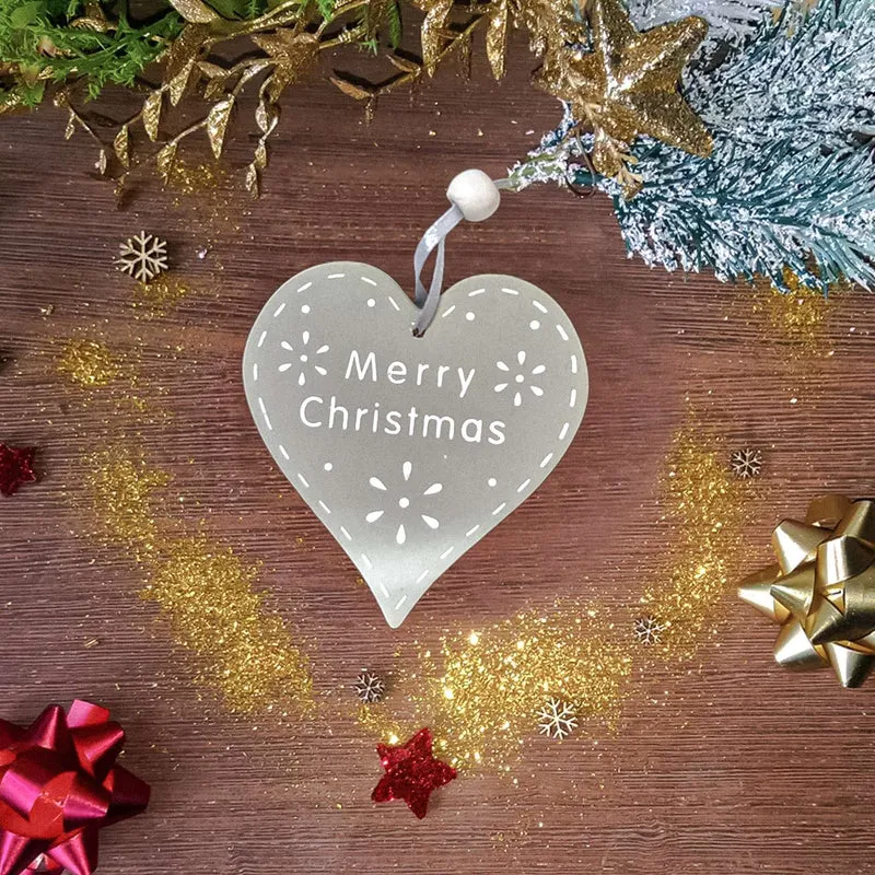 Set due targhette in legno a forma di cuore con frase Merry Christmas, decorazione natalizia, ghirlanda da appendere sull'albero, in casa, bagno, cucina, porta d'ingresso