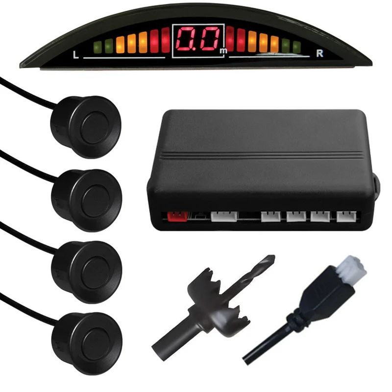 Alcapower 970051 Kit 4 sensori di parcheggio retromarcia, display digitale con indicatori led e avviso acustico, cavo di 15 metri, centralina integrata