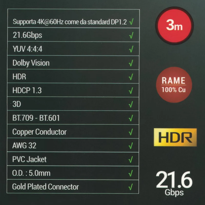 GBC Cavo display port 1.2 da 1.5 metri, supporta 4K a 60Hz, velocità elevata 21.6 Gbps, connettori placcati in oro